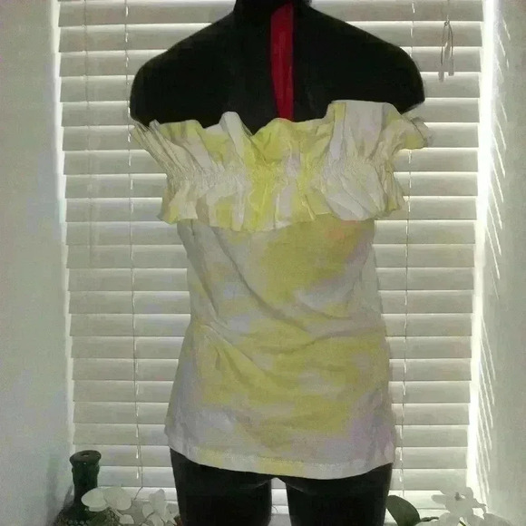 Women's White and Yellow Strapless Super Wide Shoulder Ruffle Top by Man… - Picture 4 of 11